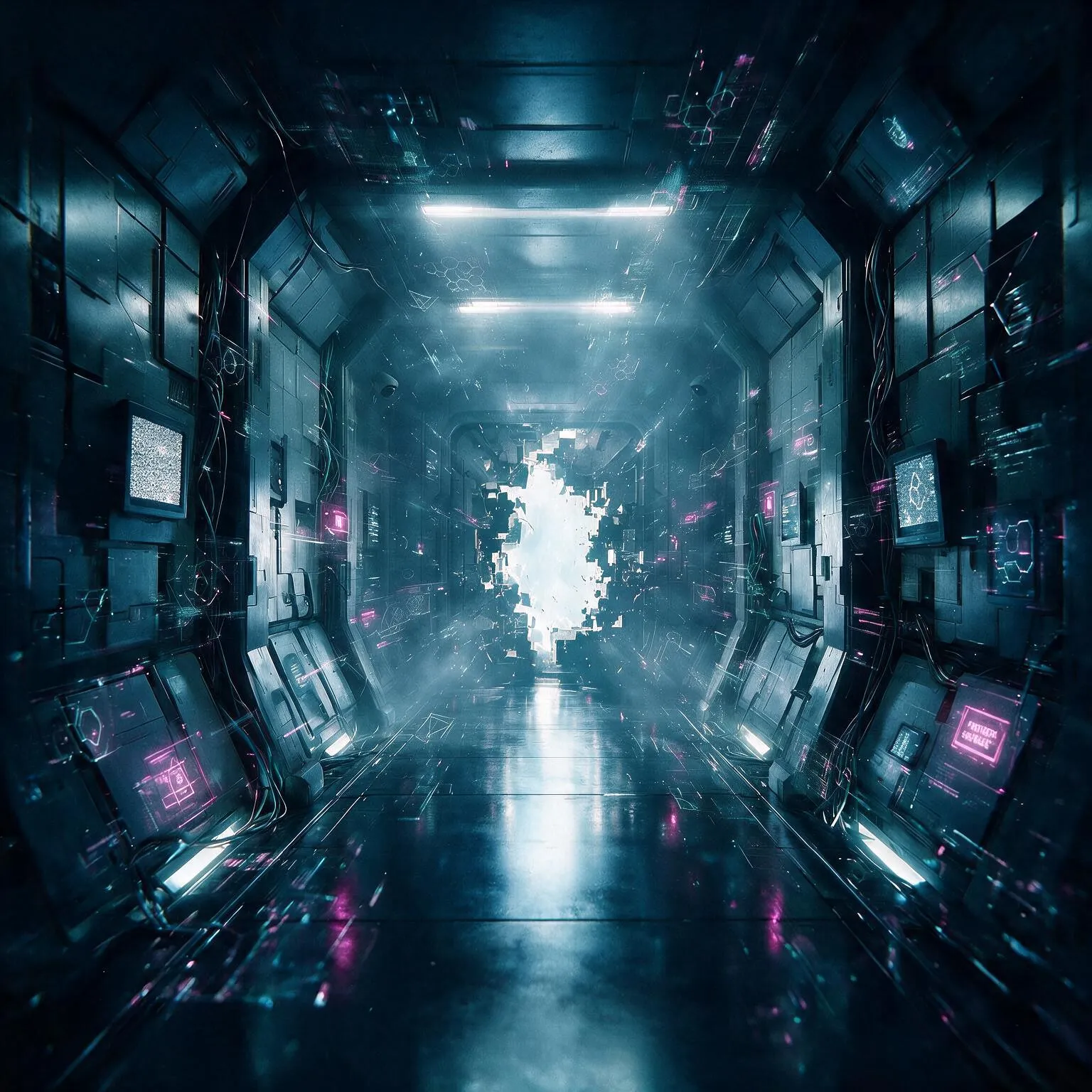 Protocol — corredor cyberpunk hacia una luz que se fragmenta
